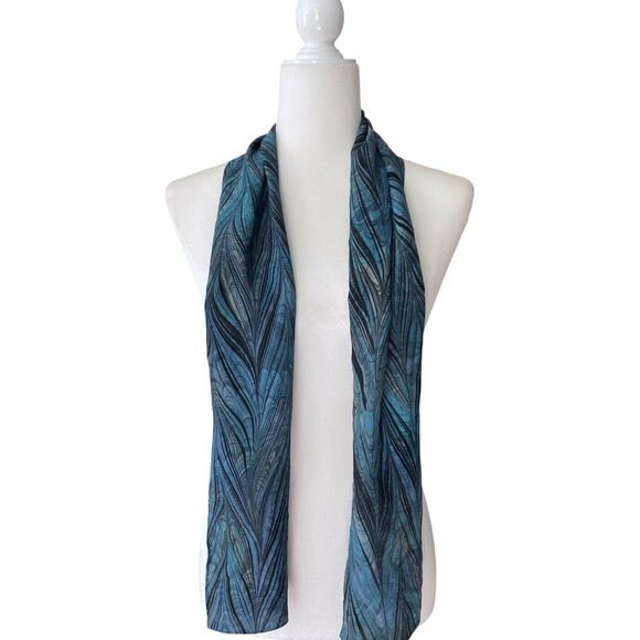 Gail Mackenzie Silk Hand Made Blue Patterned Scarf Rectangle Floral Marbelized - Picture 2 of 6